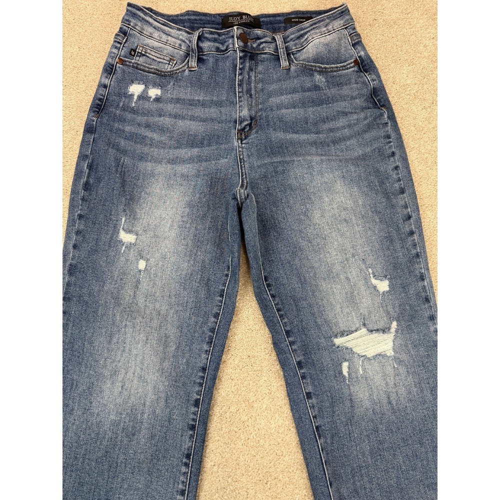 Judy Blue Women's 11/30 Wide Crop Leg Stretch Denim Blue Jeans Distressed - Picture 2 of 8